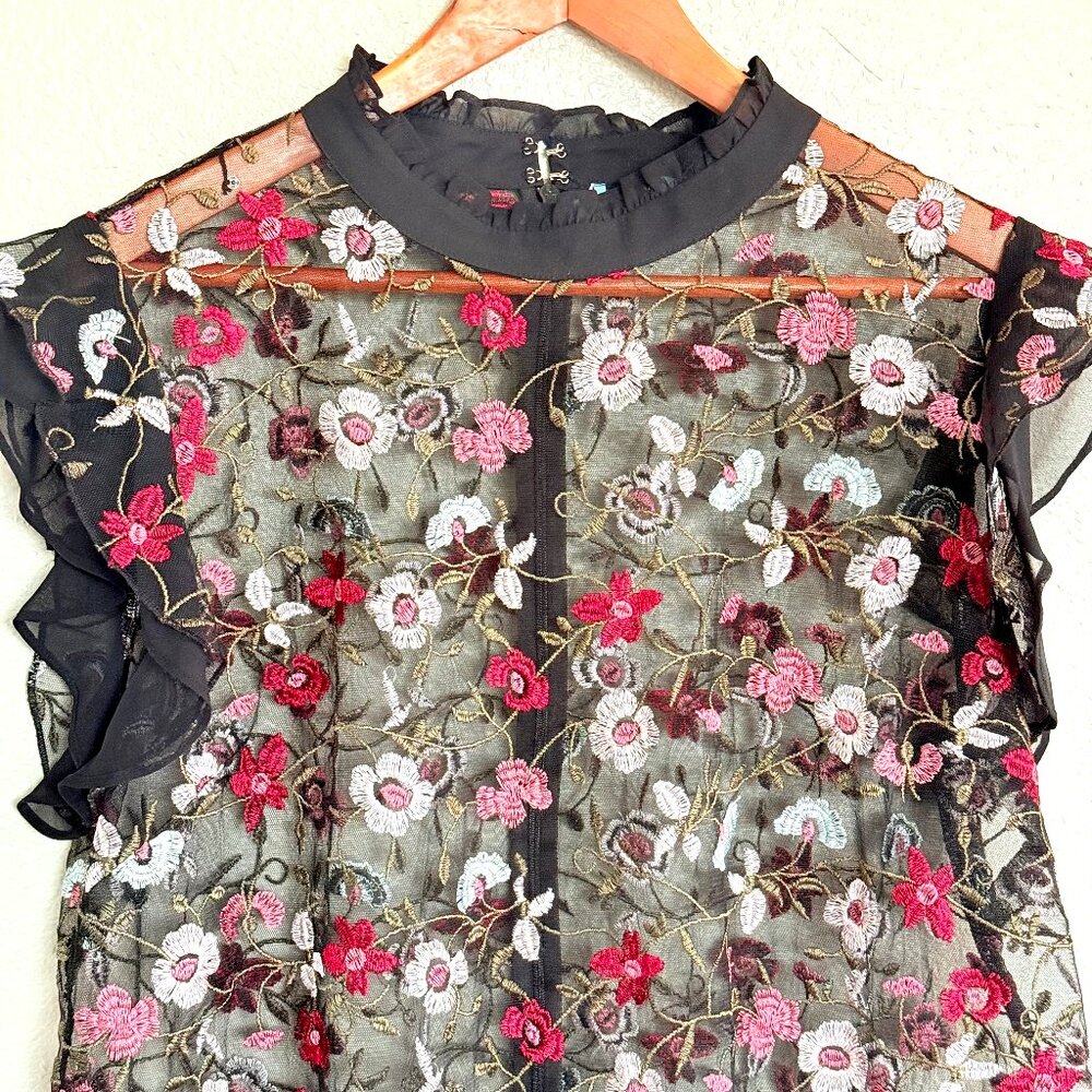 CeCe Sheer Embroidered Floral Mini Ruffle Dress Size L-XL - Picture 5 of 17